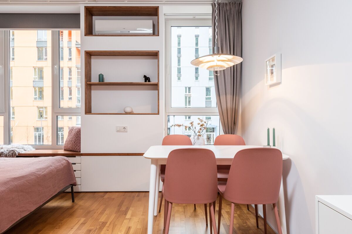 Modern home interior with space-saving laundry solution